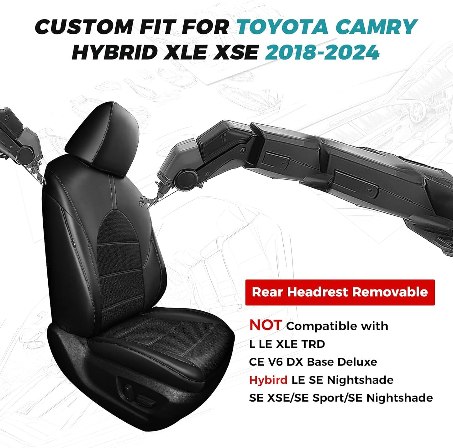 for Toyota Camry Seat Covers Hybrid XLE XSE 2018 2019 2020 2021 2022 2023 2024 - Custom Car Seat Covers Full Set, Leather Seat Cover for Cars, Waterproof Breathable Cushion Protectors, Black