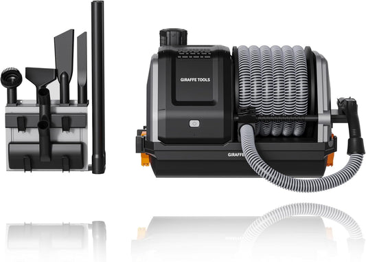 Giraffe Tools Grandstorm Retractable Vacuum Cleaner with 30 FT+ 1 FT Hose Wall Mounted, Wet Dry Vacuum Cleaner with 6 Nozzles for Car Detailing Normal Version, Grey （No Remote Control Funtion）