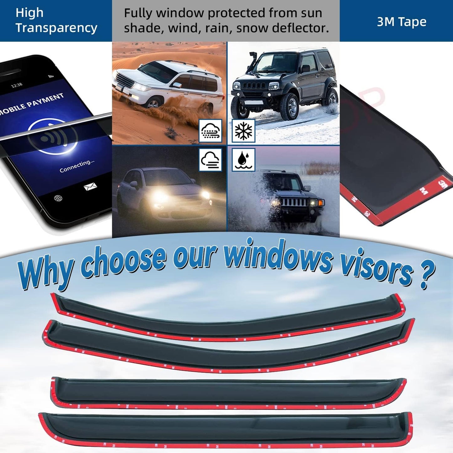 Set of 4 Front+Rear Smoke Sun/Rain Guard Outside Mount Tape-On Acrylic Window Visors Compatible with 14-18 Silverado Sierra 1500 15-18 2500/3500 HD Crew Cab with 4 Full Size Doors