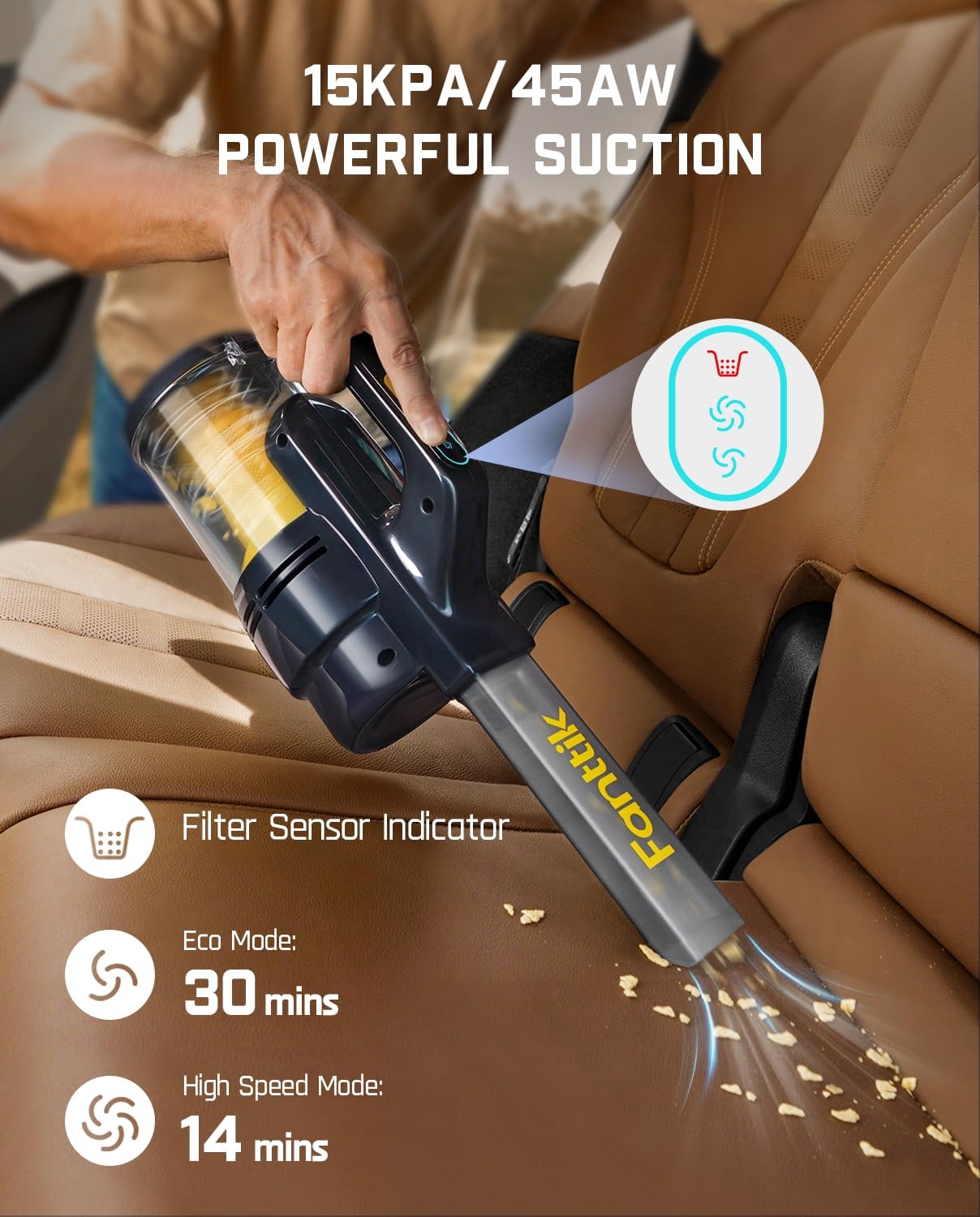 Fanttik Cruise V9 Car Vacuum Cleaner Suction Power with 15000Pa Handheld Vacuum Cordless with Extension Tube & LED Display & Light, Cordless Portable Mini for Home Car Cleaning, Black