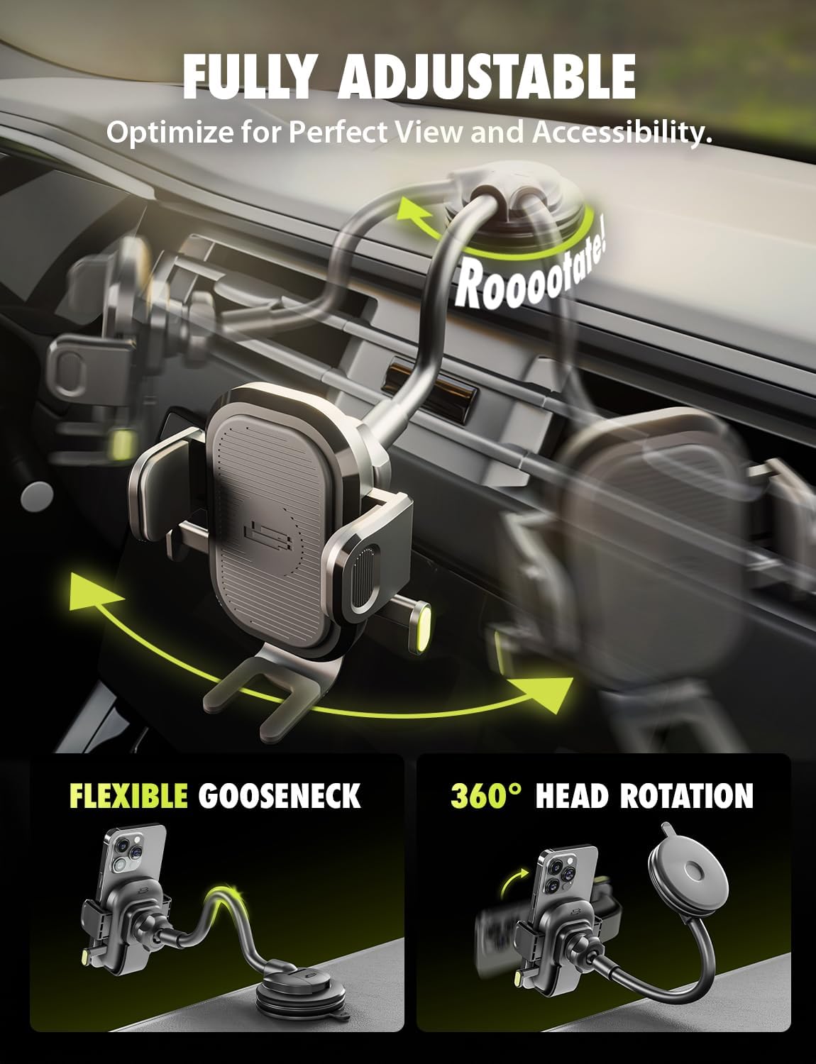 Bracketron OneClick Flexible Phone Holder for Car Dashboard,Windshield & Vent,3 in 1 Car Phone Holder with 7" Adjustable Gooseneck Arm,360 Rotation Car Phone Mount for All iPhone Android Smartphone.