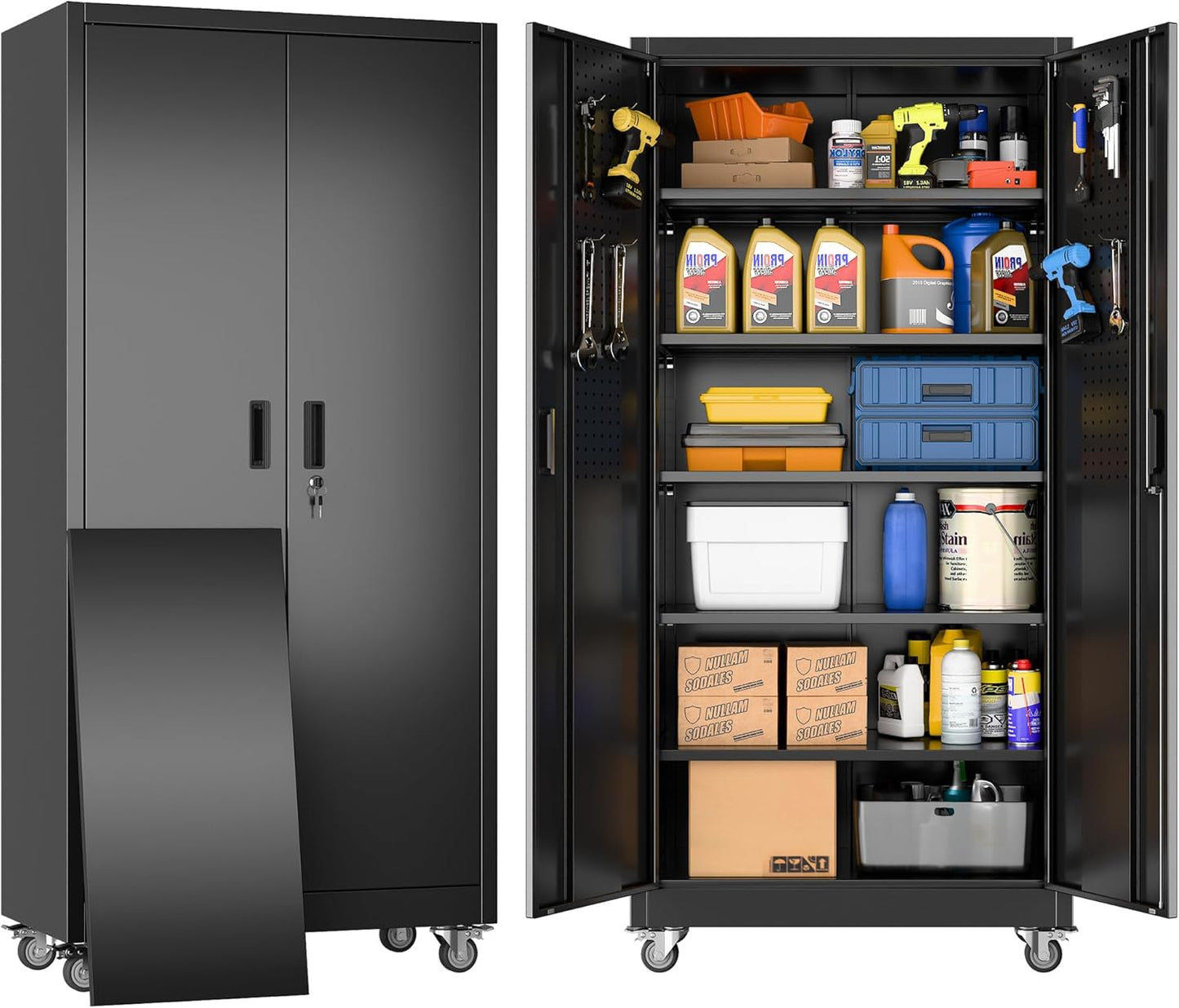 Garage Storage Cabinet with Wheels & Pegboard, 71" H×34" W×18" D Locking Metal Storage Cabinet with 2 Doors and 5 Adjustable Shelves for Garage Workshop Home, Black, Assembly Required