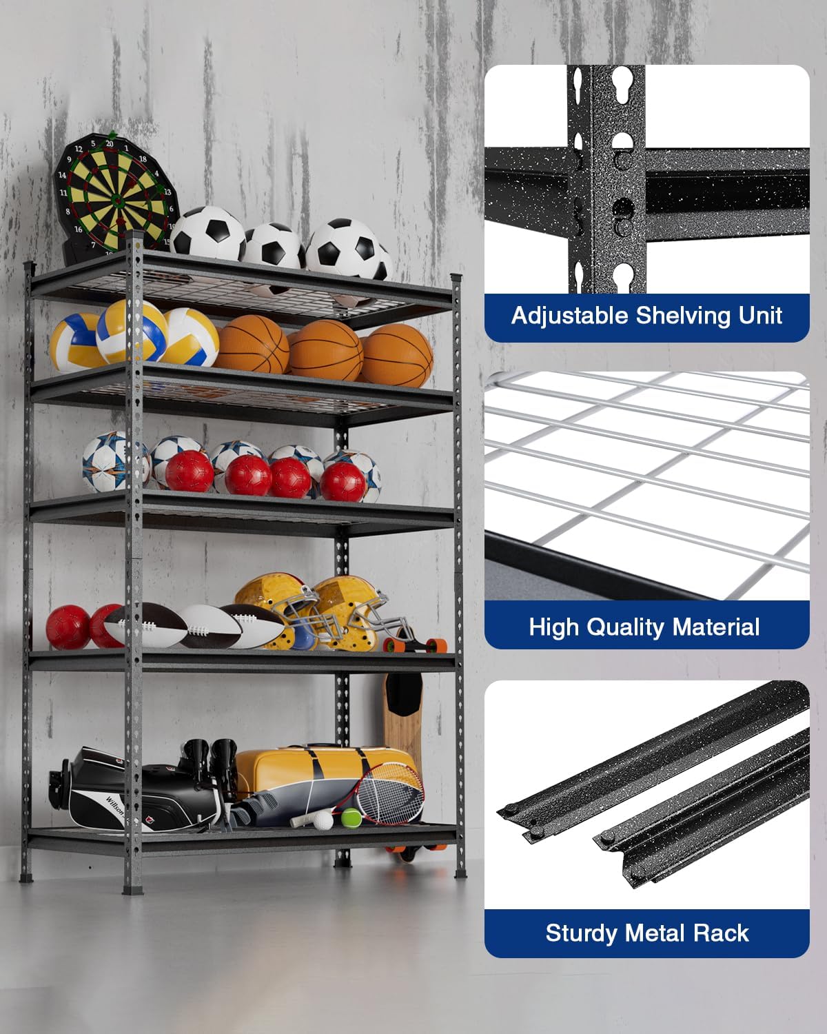 WORKPRO 5-Layer Heavy Duty Metal Storage Rack, 48”W x 24”D x 72”H, Adjustable Shelving Unit with 4000 lbs Total Load Capacity, for Garage, Kitchen, Bathroom, Warehouse