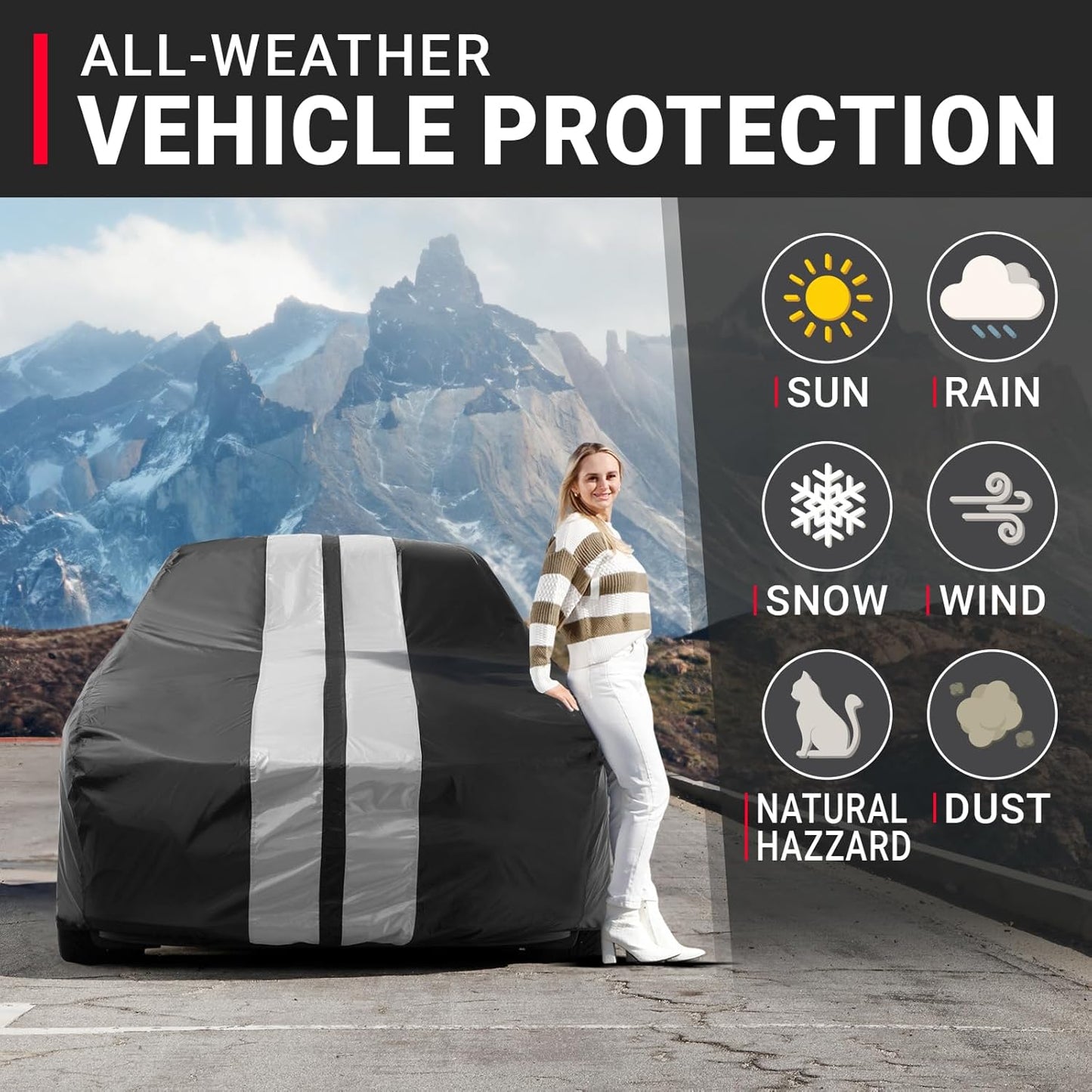 iCarCover Custom Car Cover for Pontiac Lemans Hatchback (1988-1993) Waterproof All-Weather Rain Snow UV Sun Protector Full Exterior Indoor Outdoor Car Cover (Stripe - Black/Gray)