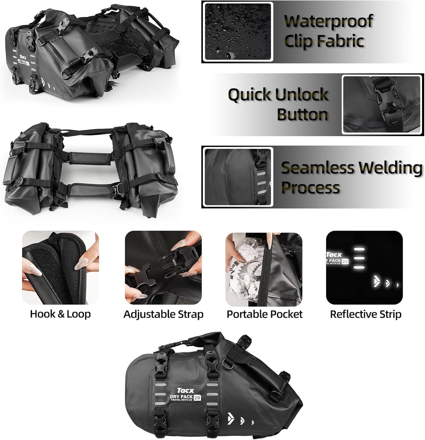 Motorcycle Saddle Bags Tail Bag, 20L Roll-top Waterproof Motor Detachable Side Trunk Bag, Motor Panniers Luggage Bag for Motorcy