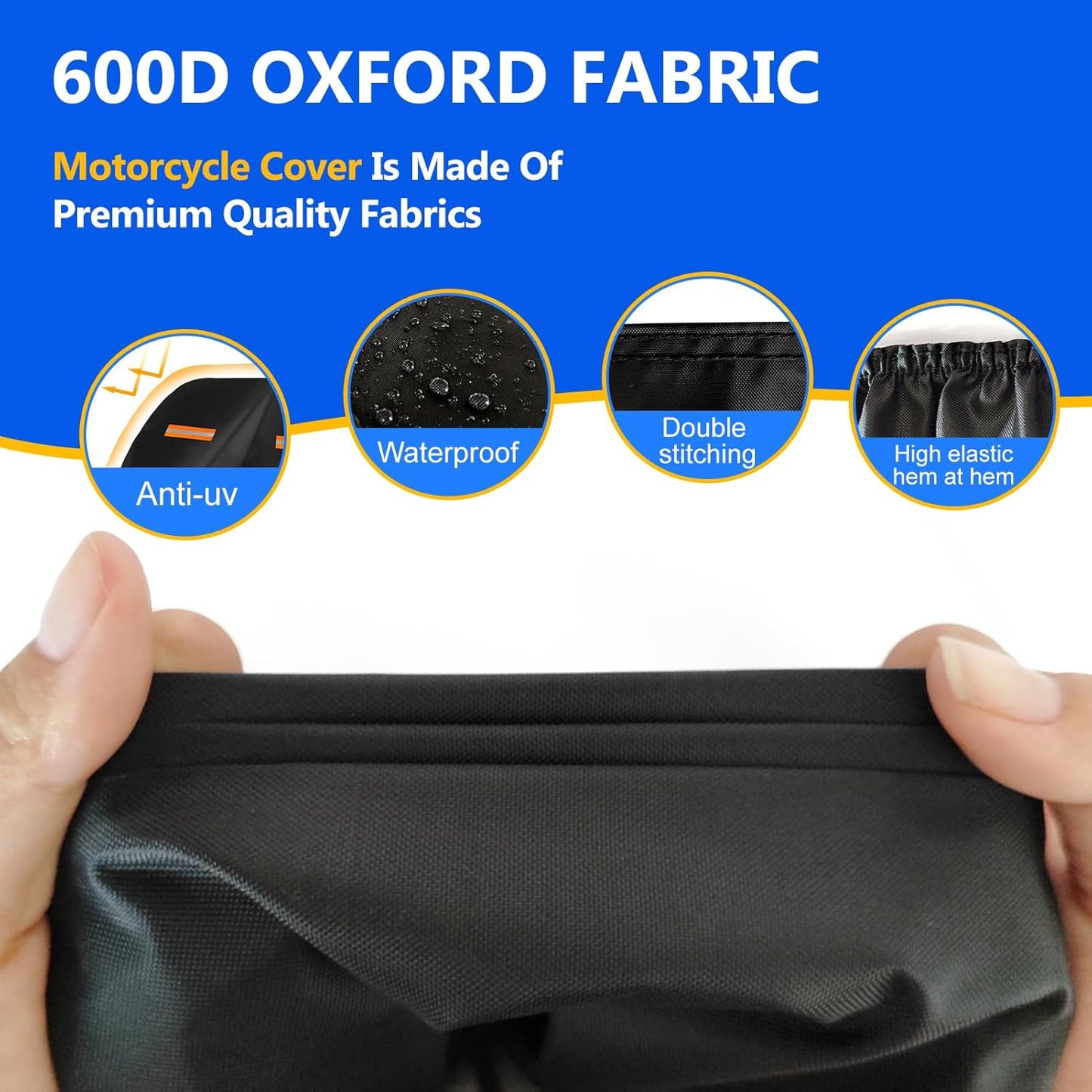 Motorcycle Cover, 600D Heavy Duty Waterproof Motorbike Cover, Dustproof Motorcycles Vehicle Cover Scooter Shelter Protection with Reflective Strips & Storage Bag 97.5" x 41" x 50"