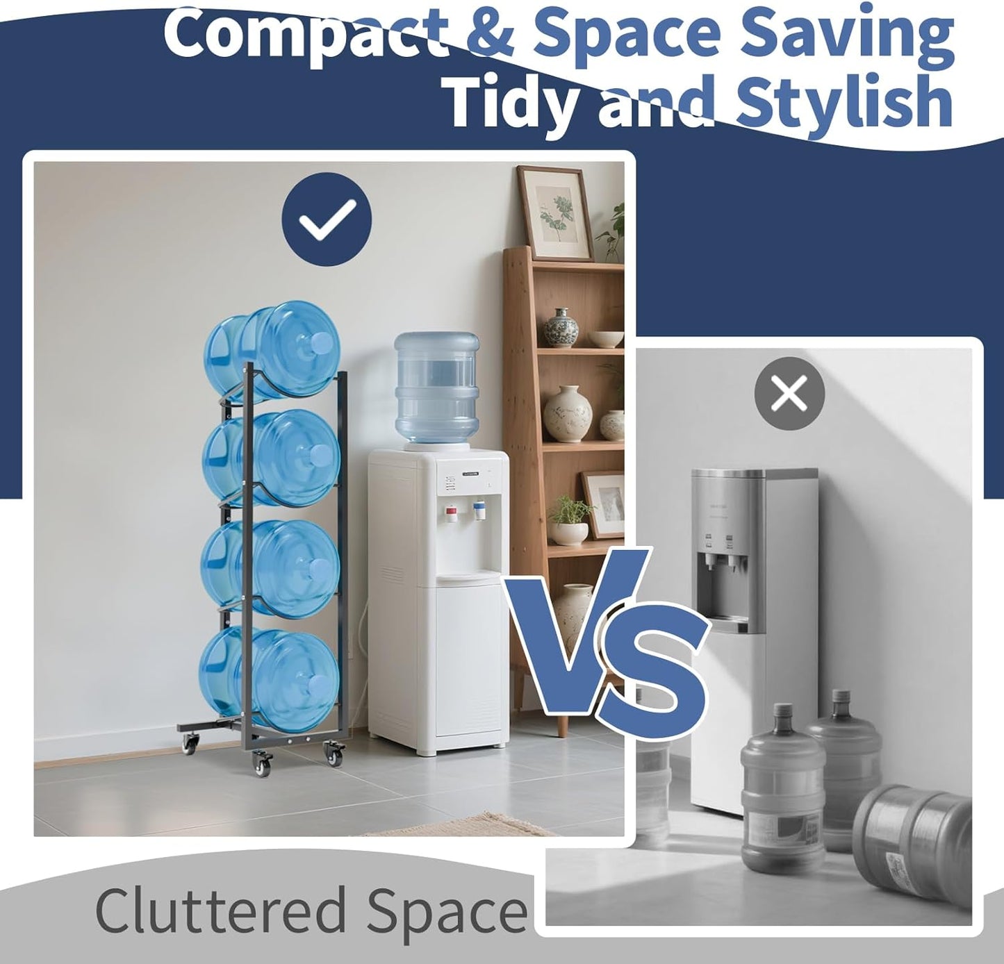 5 Gallon Water Bottle Holder: 4 Tier 5gal Water Jug Storage Rack with 4 Wheels for Home Kitchen Garage - Space Saving & Black