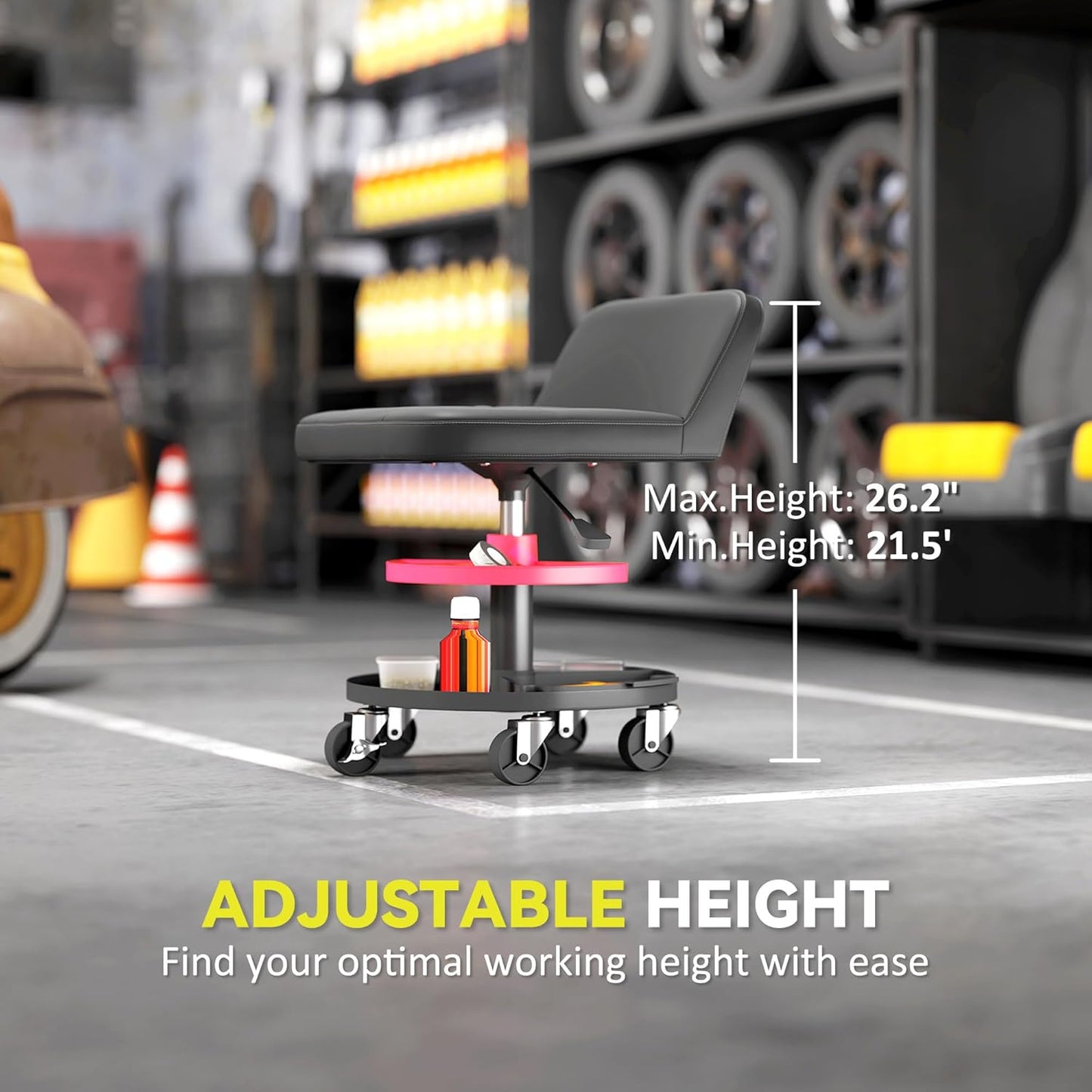 HOMCOM Rolling Mechanic Stool, 300 LBS Capacity Pneumatic Creeper Garage Stool with 360° Wheels, Backrest, Heavy Duty Roller Seat Padded Shop Chair with Tool Tray Storage, Adjustable Height, Black