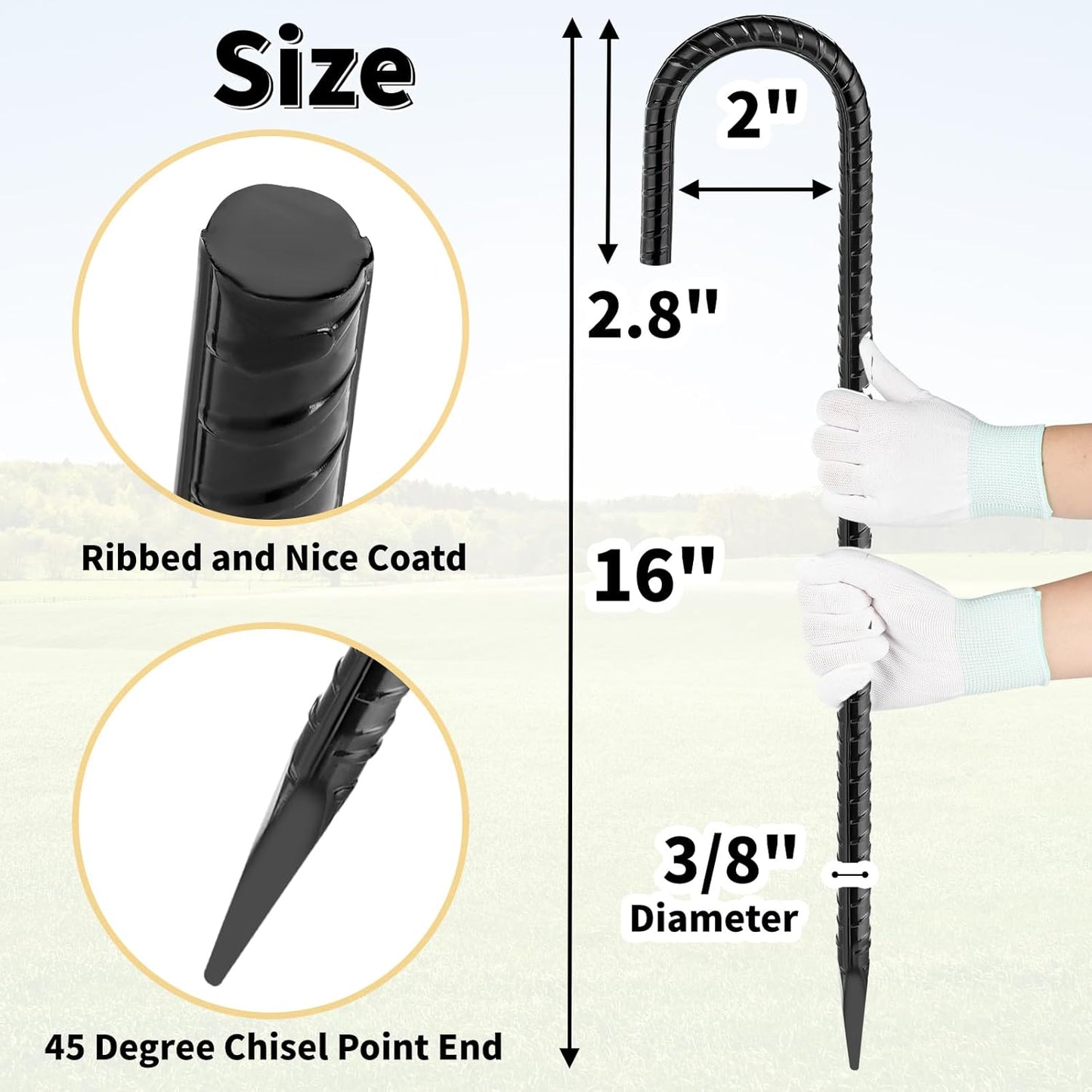 16 Inches 24-Pack J Hook Rebar Stakes Heavy Duty Tent Stakes with Chisel Point End, Steel Ground Anchors Metal Garden Stakes Chain Link Fence Stakes Black Coated