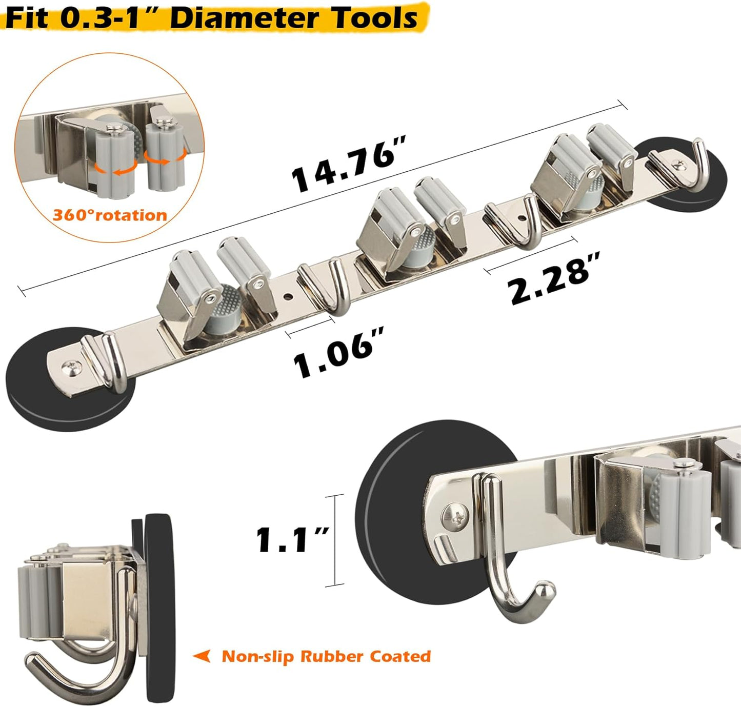 MUTUACTOR Magnetic Broom Holder,Non-slip Heavy Duty Broom and Mop Hanger Metal Tool Holder 3 Racks and 4 Hooks for Laundry Garage Kitchen Factories Workshops Organization and Storage(1 Set)