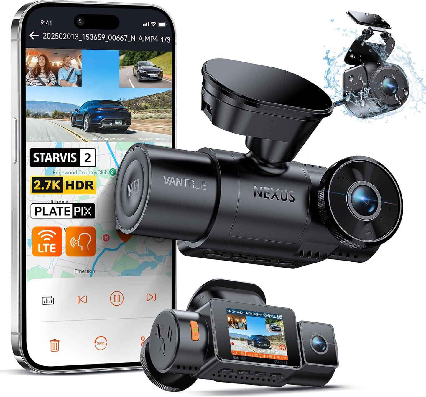 Vantrue N4S 3 Channel Front Inside Rear Dash Cam, 2.7K+1440P+1440P WiFi Dash Camera w/PlatePix™, STARVIS 2 x HDR x IR Night Vision, Voice Control, GPS, 24/7 Parking Mode, LTE Support, Support 1TB Max