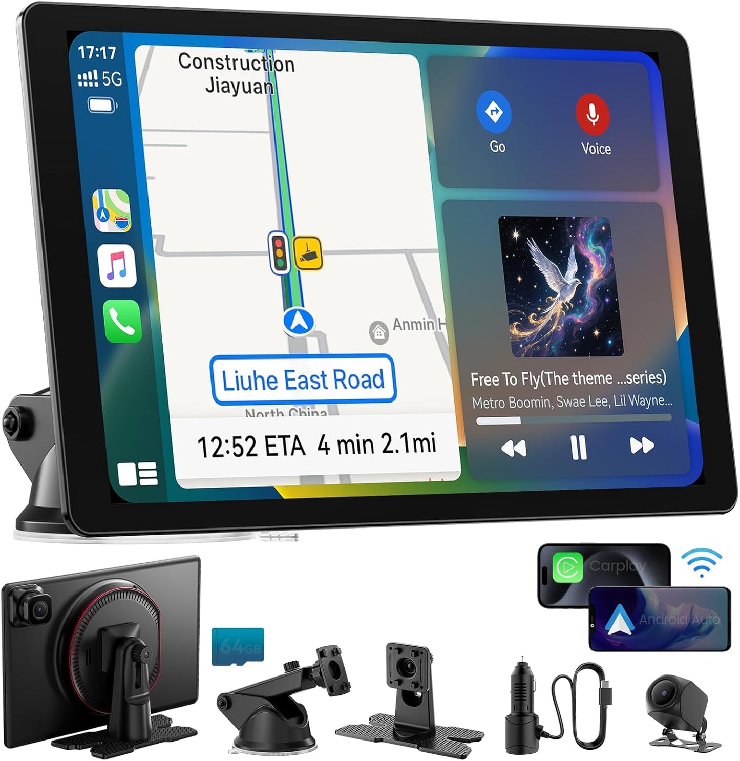 11" Extra Large Wireless Apple CarPlay Screen for Car – Ultra-Slim 0.16 Inch Touchscreen Car Stereo with Android Auto, 4K Dash Cam, 1080p Backup Camera, GPS, Mirror Link, Voice Control