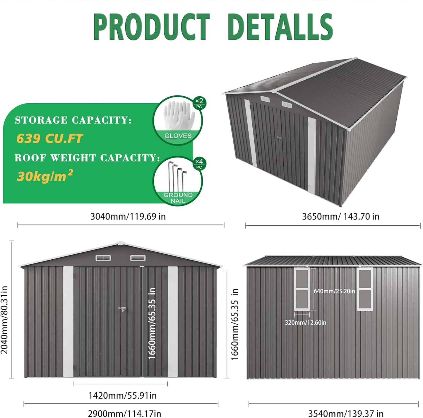 10 x 12 FT Large Outdoor Storage Shed w/ 2 Clear Window, Heavy Duty Metal Garden Sheds with Lockable Door & Air Vents, Waterproof Tool House for Bicycles, Tools, Backyards, Patios, Lawns, Gray