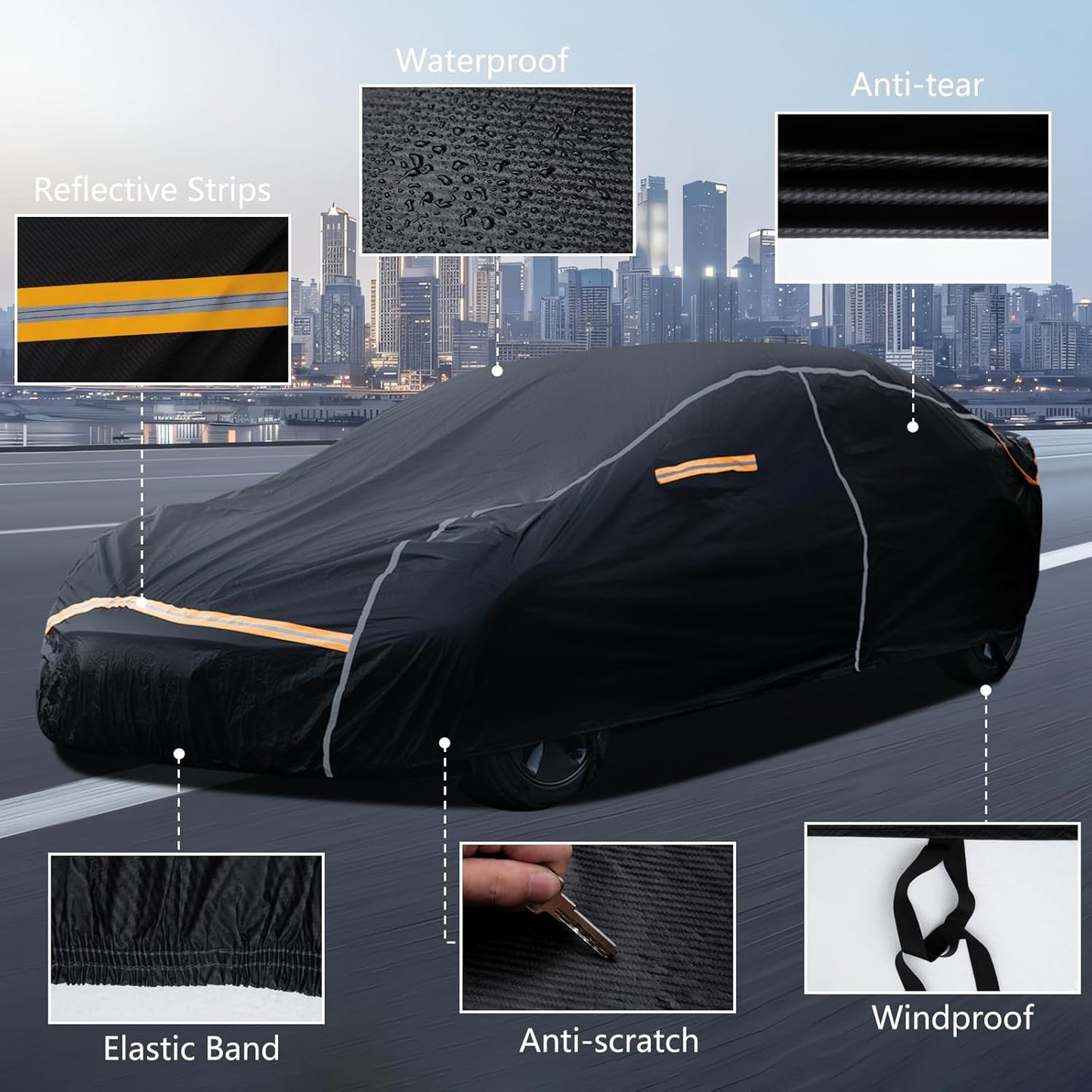 Car Cover Waterproof All Weather,6 Layers Car Covers for Automobiles, Full Exterior Cover with Zipper, Outdoor Car Cover Sun UV Rain Snow Wind Protection, Fit for 210"(210*74*59 inch)Sedan