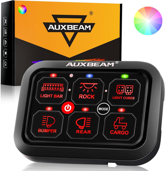 Auxbeam 6 Gang Switch Panel RA60 Toggle Momentary Pulsed RGB Dimmable Switch Panel Multifunction Switch Panel Built in Solid State Relay Marine Control Panel Waterproof for Car Boat, 2 Years Warranty