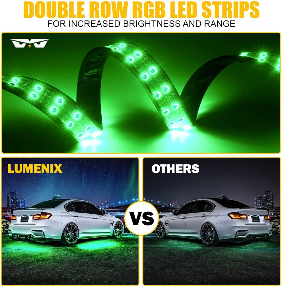 LUMENIX Double Row RGB LED Car Underglow Lights Kit, 4PCS Exterior Neon Accent Bluetooth Under Glow Light Strip for Cars SUVs Trucks Van, w/Dynamic Music & DIY Mode Underbody Chase Lights