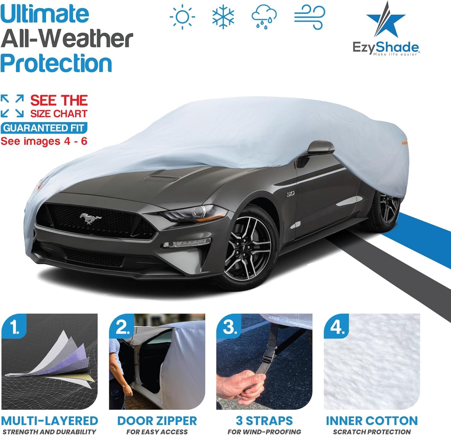 EzyShade 10-Layer Waterproof Sports Car Cover. See Vehicle Size-Chart for Accurate Fit. All Weather Full Outdoor Covers. Corvette Mustang Trans Am Classic Cars Sun Snow Rain. Size C4 (See SizeChart)