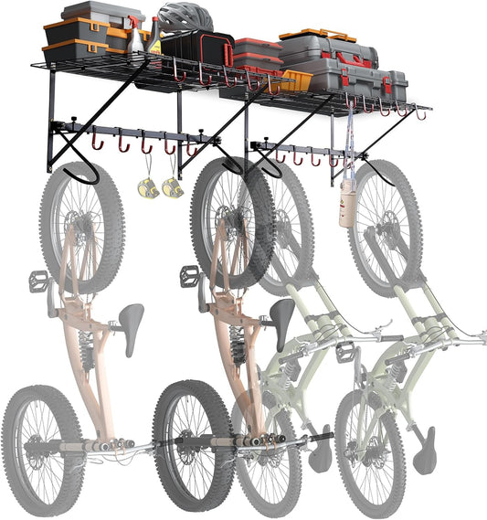 VEVOR Bike Storage Rack, 4 Bike Racks, Wall Mount Bike Storage Hanger with 2 Shelves, Home and Garage Organizer, Customizable for Various Bike Sizes, Adjustable Holder, Holds Up to 500 lbs, 63-inch