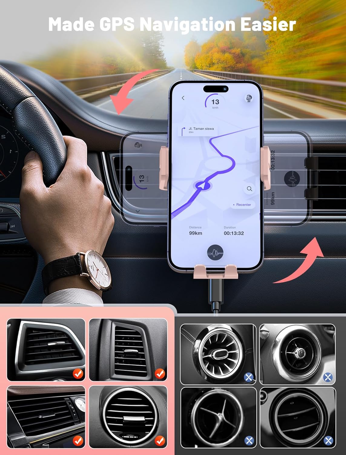 MOKPR Wireless Car Charger, Auto-Clamping Car Mount 15W/10W/7.5W Fast Charging Air Vent Car Phone Mount Compatible with iPhone 15/14/13/13 Pro/12 Pro Max/12 pro/12/11/10 Series, Samsung Galaxy Pink