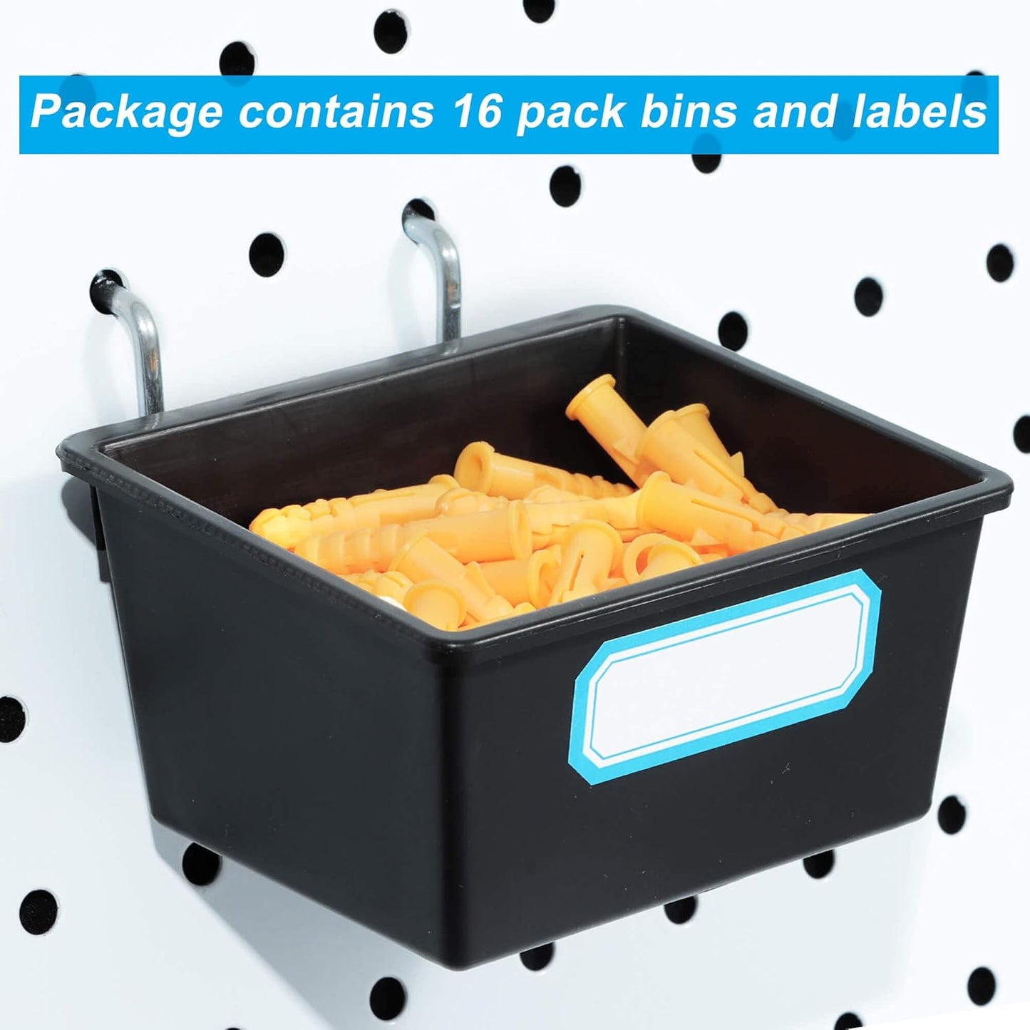 FRIMOONY 16 Pack Pegboard Bins with Hooks and Labels, for Organizing Accessories, Black