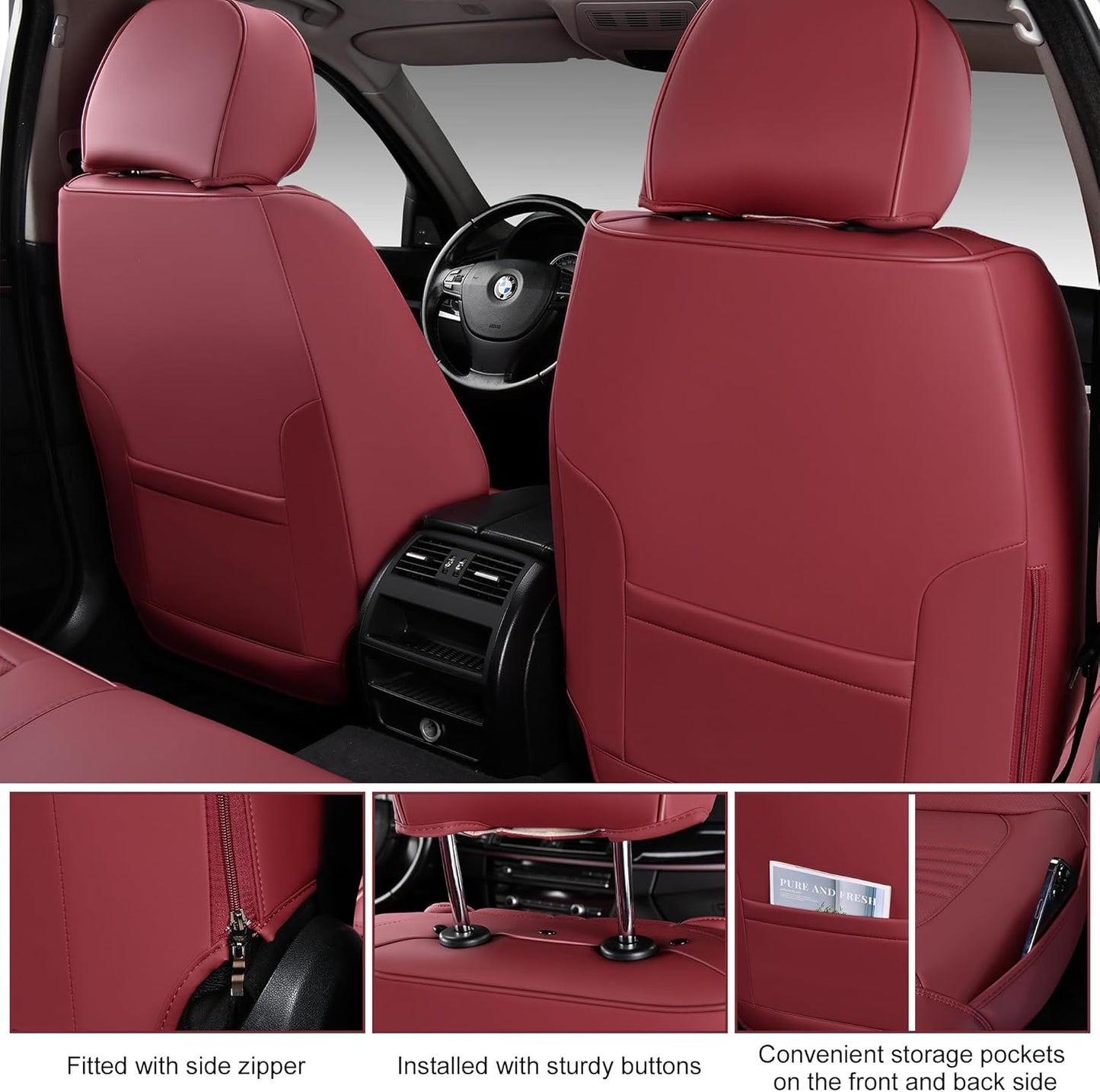 Front Seat Covers, 2 Pieces Universal Seat Covers for Cars, Waterproof Leather Auto Seat Protectors with Head Pillow, Car Seat Cushions Fit for Most Sedans SUV Pick-up Truck, Wine Red