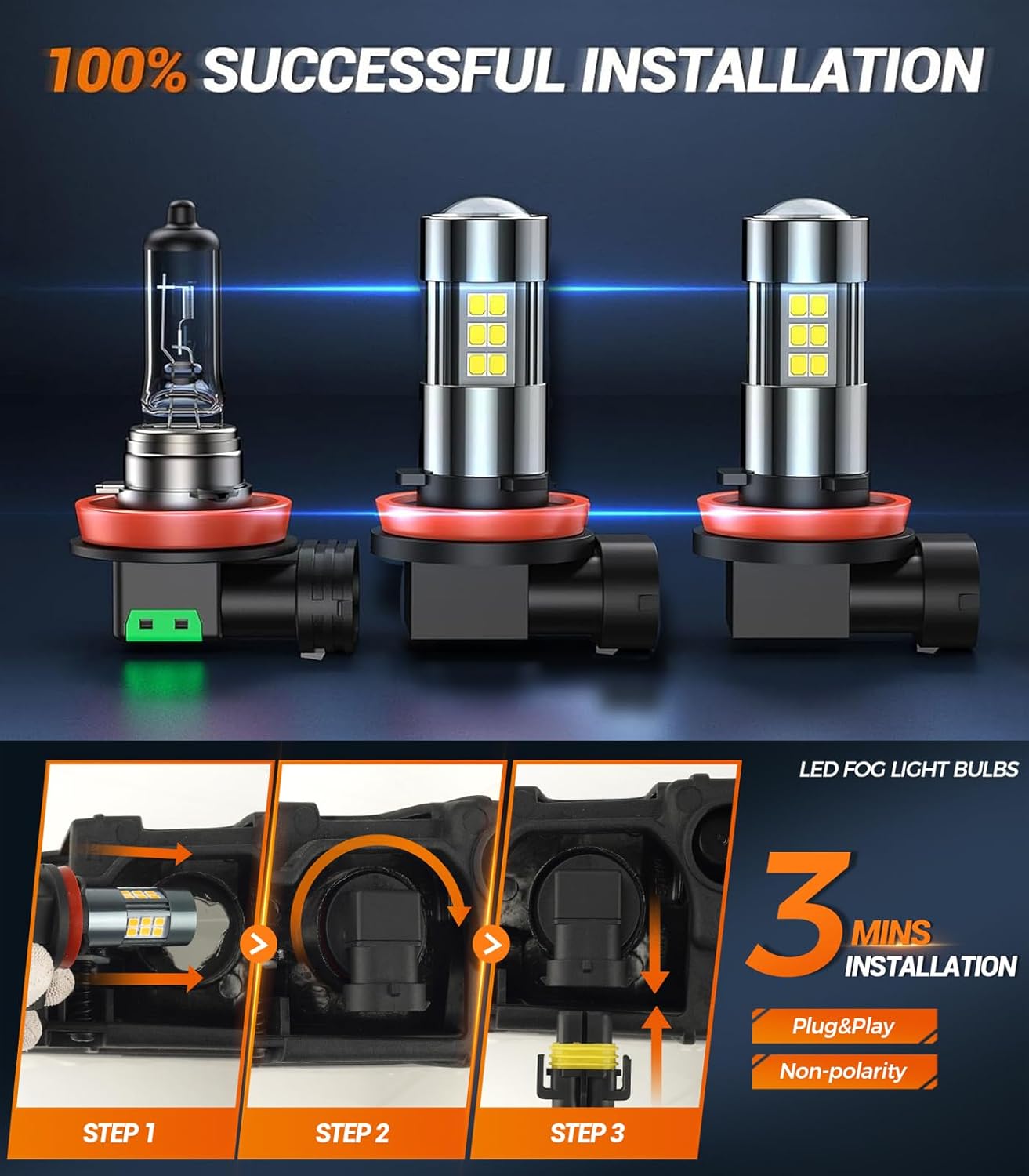 SEALIGHT H11 H8 H16 LED Fog Light Bulbs or DRL, Real 360° illumination Fog Bulbs, 6000K 400% Brightness Upgraded, H16 Front Fog Lamp,Non-polarity, Pack of 2, Plug&Play