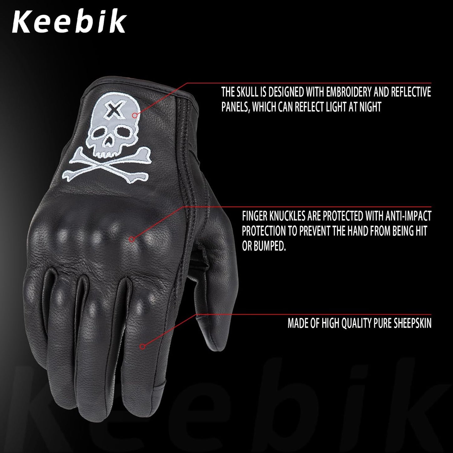 Goatskin Leather Motorcycle Motorbike Powersports Racing Gloves Reflective Skull Touchscreen for Men and Women Model