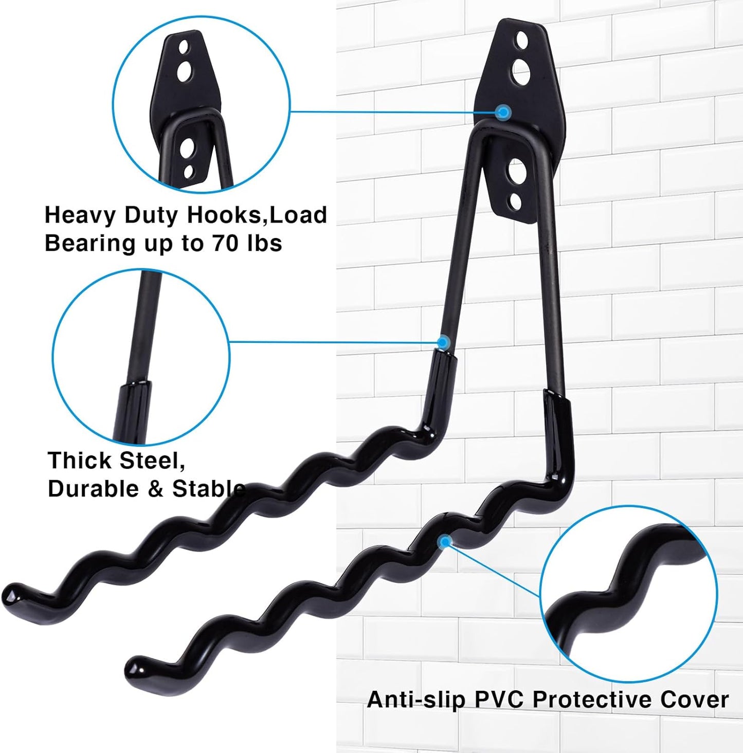 2 Packs Garage Wall Hooks Heavy Duty Hanger,Wall-Mounted Metal Badminton Racket Holder, Tennis Racket Holder Organizer, Hooks for Cables, Ropes and Hoses,Extension Cord Holder (Black)