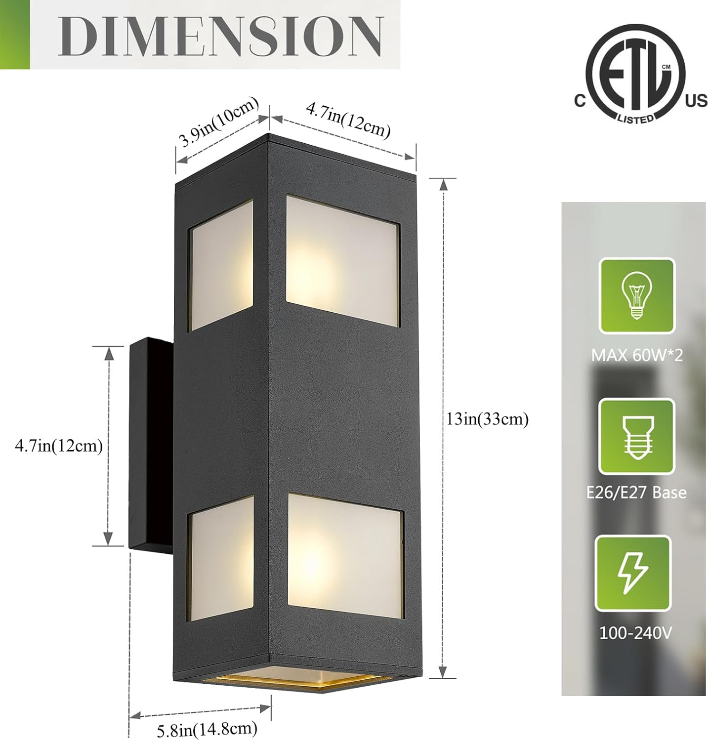 harriet Porch Lights Outdoor Modern - IP64 Waterproof Aluminum and Tempered Glass Cover, 13" Rectangular Up/Down Wall Sconce for Porch, Garage & Patio, Exterior Lighting, Black