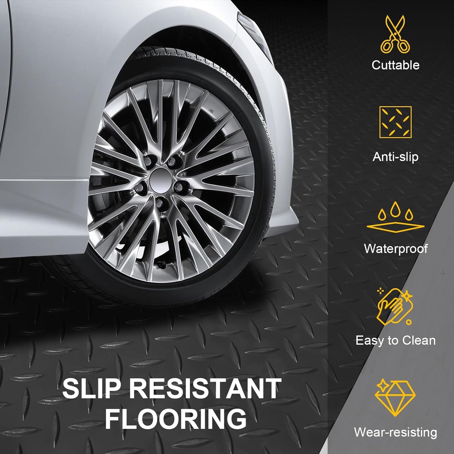 Garage Floor Mat 2.8mm Thickness PVC Garage Flooring Roll Diamond Plate Floor Mats for Garage, Workshop, Gym, Golf Cart Parking or Trailers (Black, 7.5 x 20 FT)