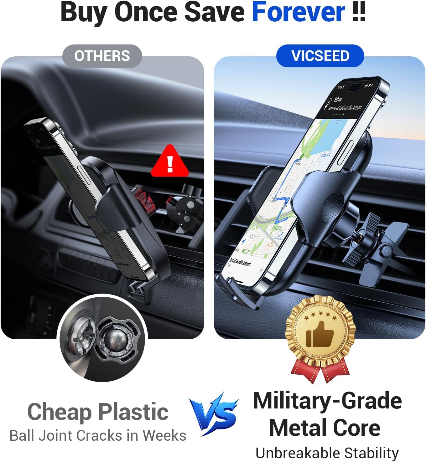 VICSEED True Military-Grade Phone Holders for Your Car [Upgraded 95+LBS Strongest Suction] Cell Phone Mount for Car Dashboard Windshield Vent Truck Boat Stand Adjustable for iPhone Android