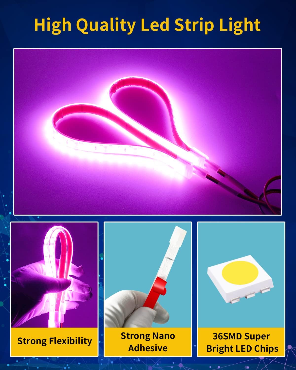 Pink Led Strip Lights,12V Interior Light Strip IP68 Waterproof Cuttable for Car Motorcycles Boat Golf Cart Truck Cargo Home Decoration with Strong Nano Tape 12inch(Pack of 4)