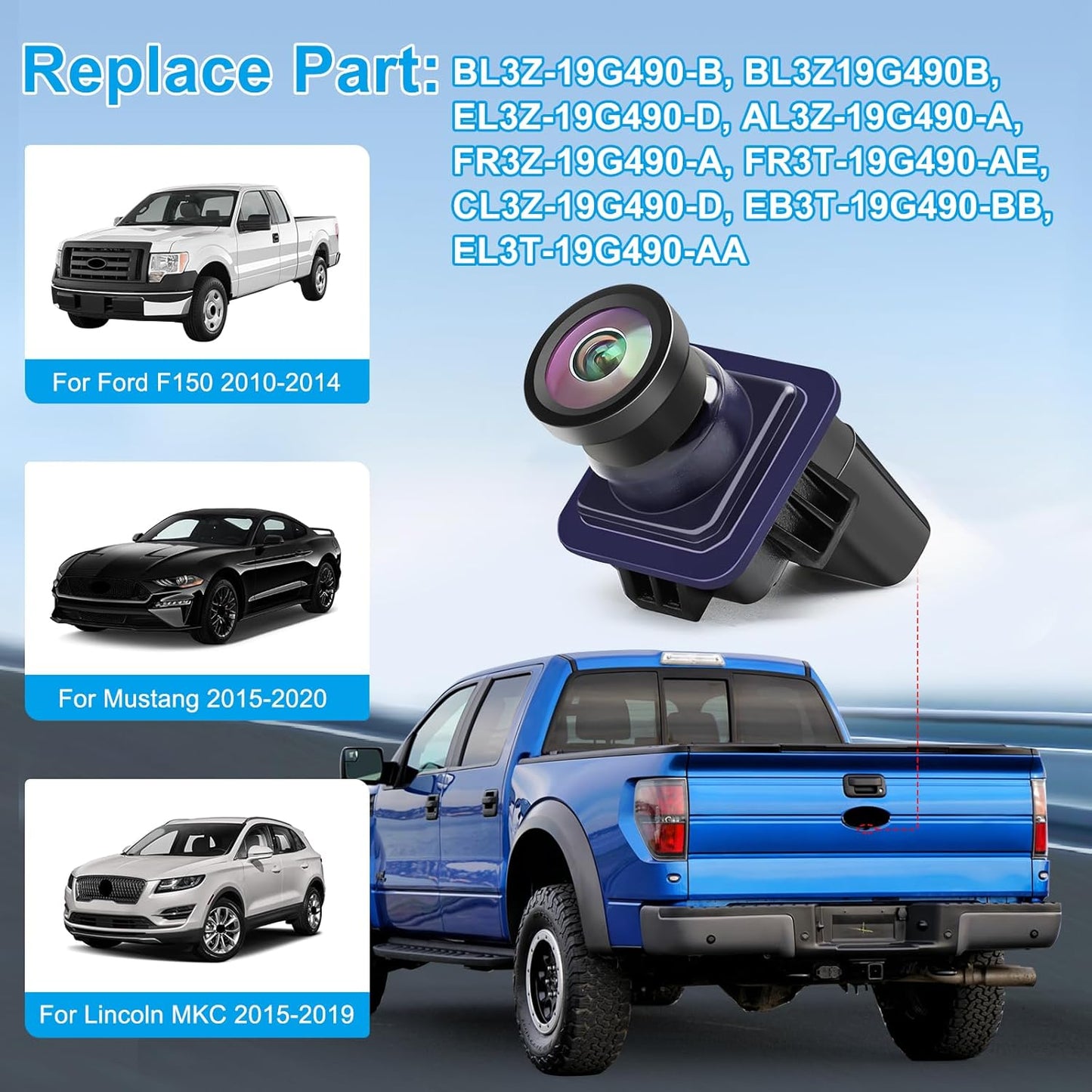F150 Backup Camera Rear View Parking Assist Camera 170° HD Night Vision Compatible with Ford F150 2010-2014 Mustang 2015-2020 Lincoln MKC 2015-2019 EL3T-19G490-AA EL3Z-19G490-D BL3Z-19G490-B
