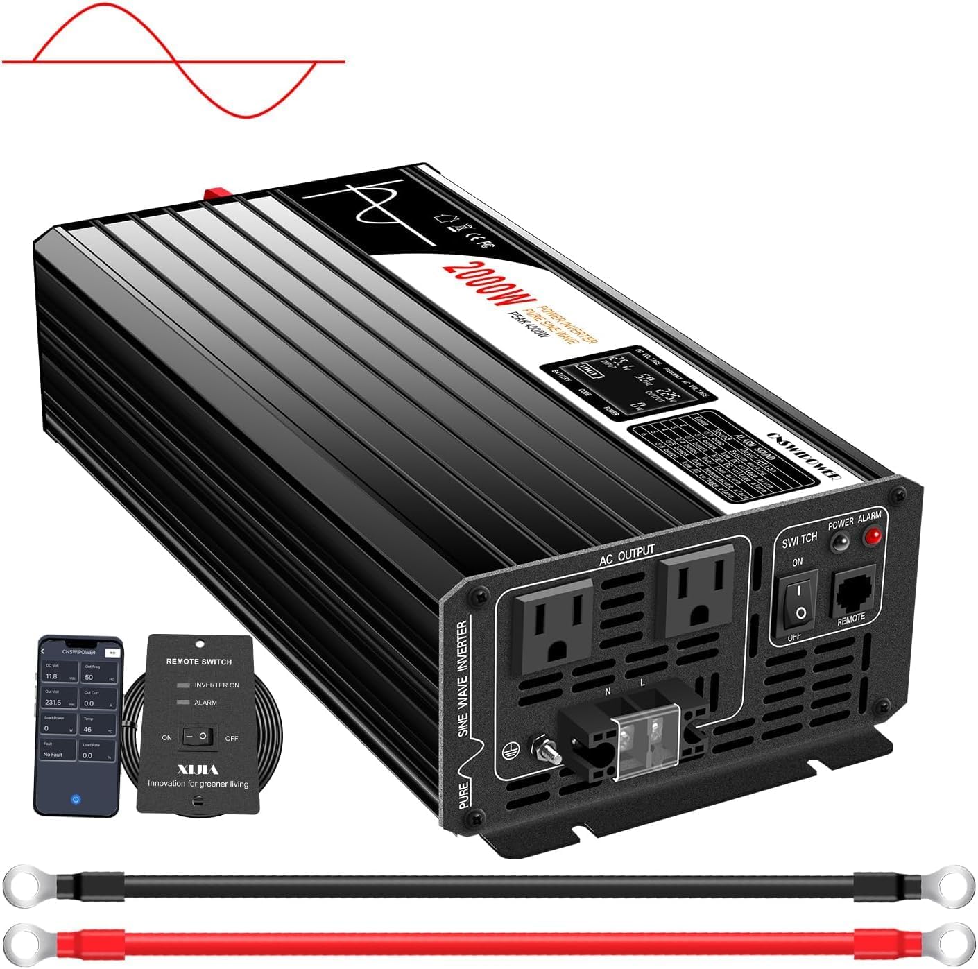 2000W (Peak Power 4000W) Pure Sine Wave dc to ac Inverter Remote Switch DC 24V to AC 120V 60HZ Solar Converter for Home car&Yacht (DC24V (Range 20V-30V) 2000W)