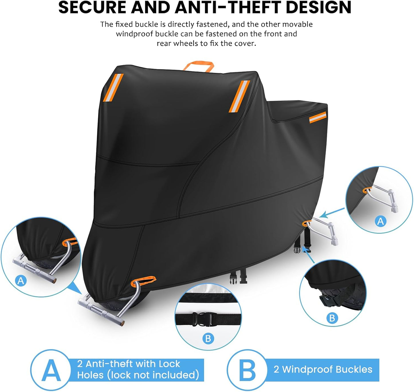 Waterproof Motorbike Cover Outdoor, Motorcycle Scooter Moped Rain Dust Protection Cover with 4 Reflective Strips and 2 Windproof Buckles, 2 Lock-Holes for Most Motorcycles (3XL: 104 x 35 x 49 inch)