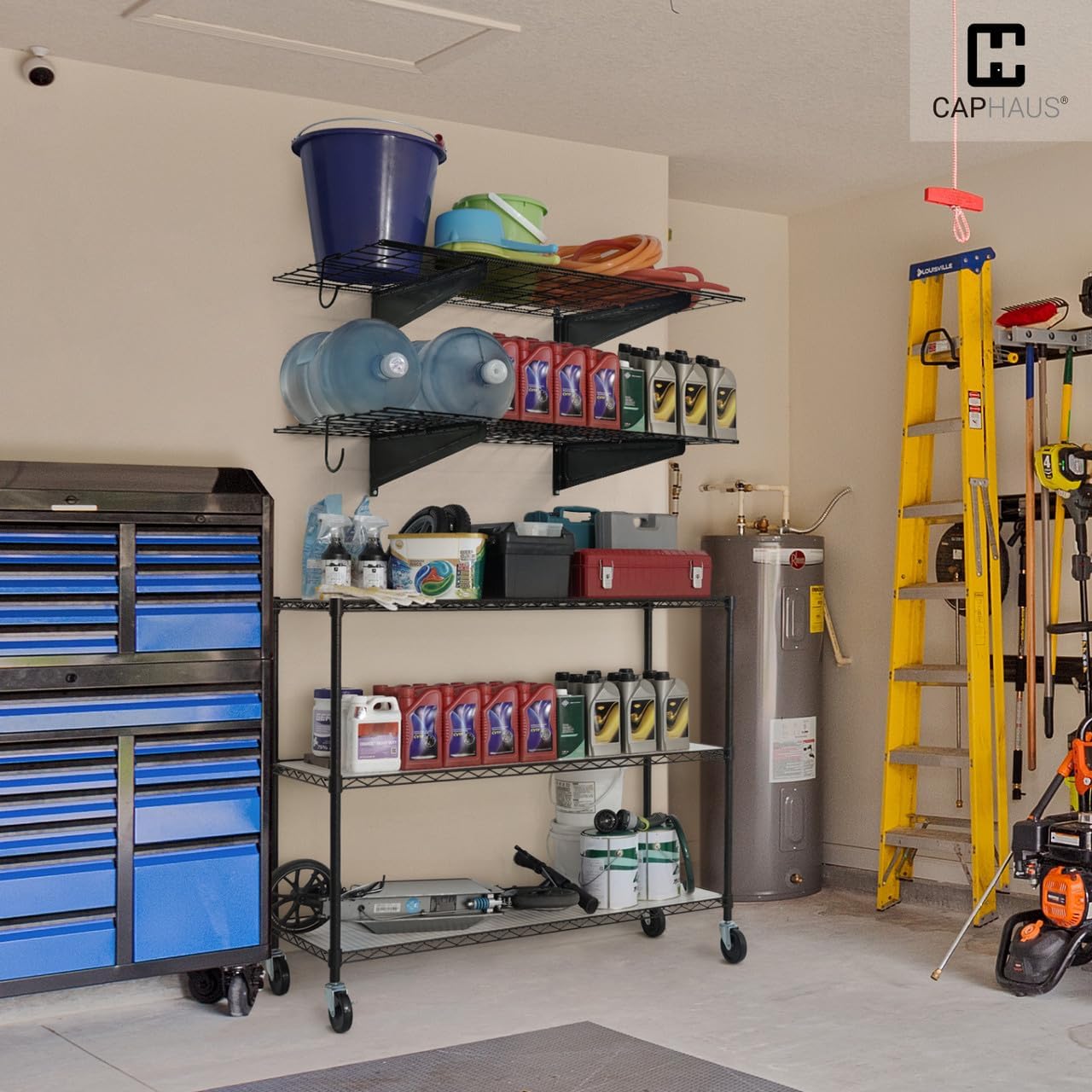 Fencer Wire 36 in. W x 18 in. D Wall Mounted Garage Shelving With 2 Hooks, White Shelf, Heavy Duty Storage System, Organizer Floating Shelves, 500lb Weight Capacity