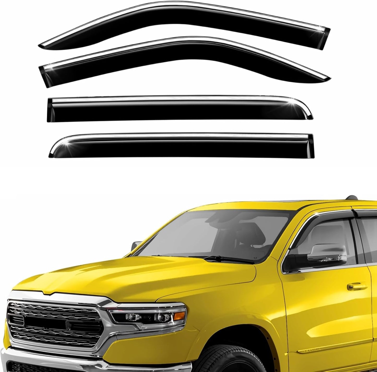 Extra Durable Window Deflectors Chrome Trim Tape-On Window Visors Rain Guards Fit for Dodge Ram 1500 2019-2025 Crew Cab, Sun Visors, Wind Vent for Shades, Exterior Car Accessories - 4pcs. AG0178
