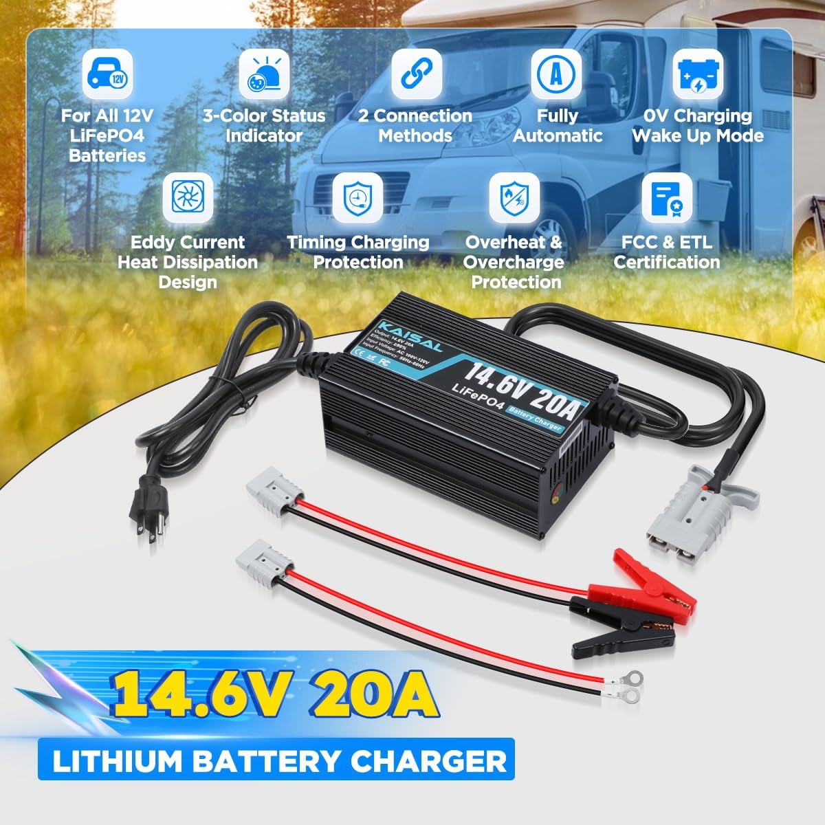 12V 20A Lithium Battery Charger 14.6V LiFePO4 Battery Charger for 12.8V LiFePO4 Lithium Deep Cycle Rechargeable Battery 0V Wake Up 12 Volt Charger with 2 Connectors for RV, Boat, Car, Marine, Solar