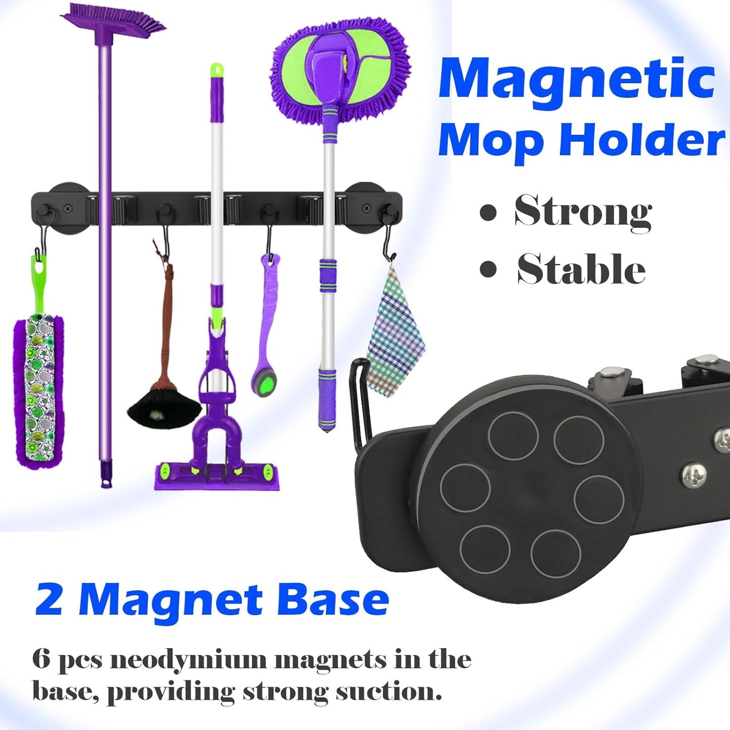 Strong Magnetic Mop Broom Holder, 1 Set Heavy Duty Magnetic Mop Hanger with 4 Hooks, Magnet Tool Hanger Wall Mount Storage Rack Organize System for Refrigerators Workshop Laundry Garage Kitchen