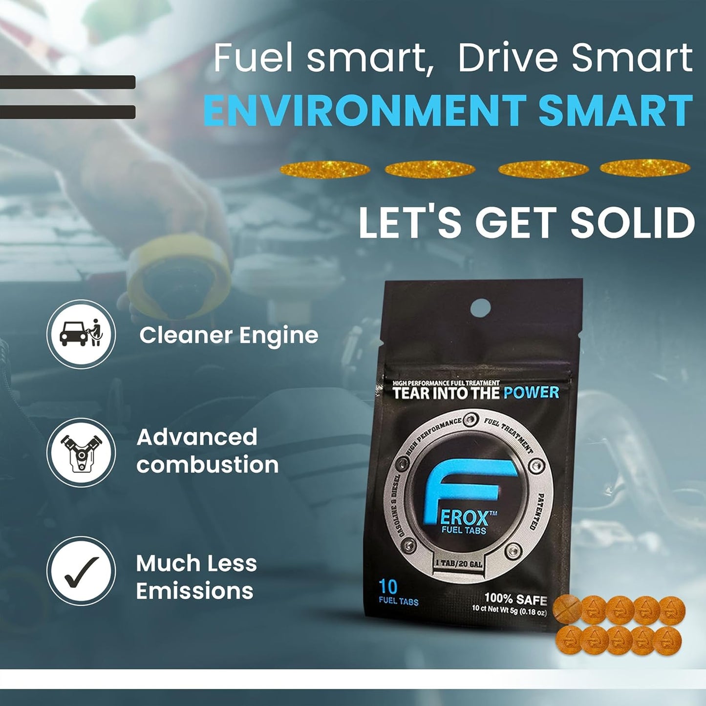 Ferox Fuel Additives | 10 Tabs for Car | Fuel System Cleaner for Gasoline & Diesel Engines | Eco-Friendly Fuel Injector Cleaner & Fuel Stabilizer to Boost Power | 1 Tab Treats 20 Gallons / 80 liters