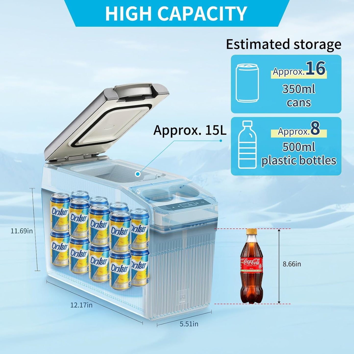 12 Volt Center Console Fridge,Car Refrigerator 16QT(15L) Cooler (-4℉-50℉),Portable Car Refrigerator RV Fridge,Portable Electric Cooler with 12/24V DC&110V AC, For MPV,Car,RV,Camping,Travel,SUV, Van