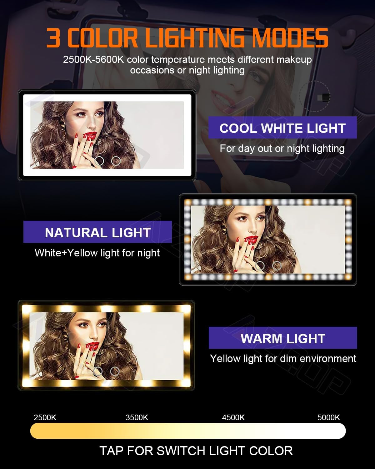 2PCS Car Sun Visor Vanity Mirror, Rechargeable Makeup Mirror with 3 Light Modes, Dimmable Touch Control, Rear View Sun-Shading Cosmetic Mirrors, Universal for Truck SUV, Ideal Gift for Women (White)