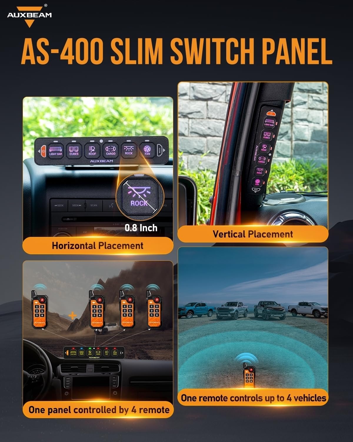 Auxbeam 6 Gang Slim Switch Panel Bluetooth RGB AS-600 with APP&Remote Control Toggle Momentary Pulsed Switch Pod Off Backlight for Truck Offroad UTV ATV Car Marine 12-24V Waterproof, 2 Years Warranty