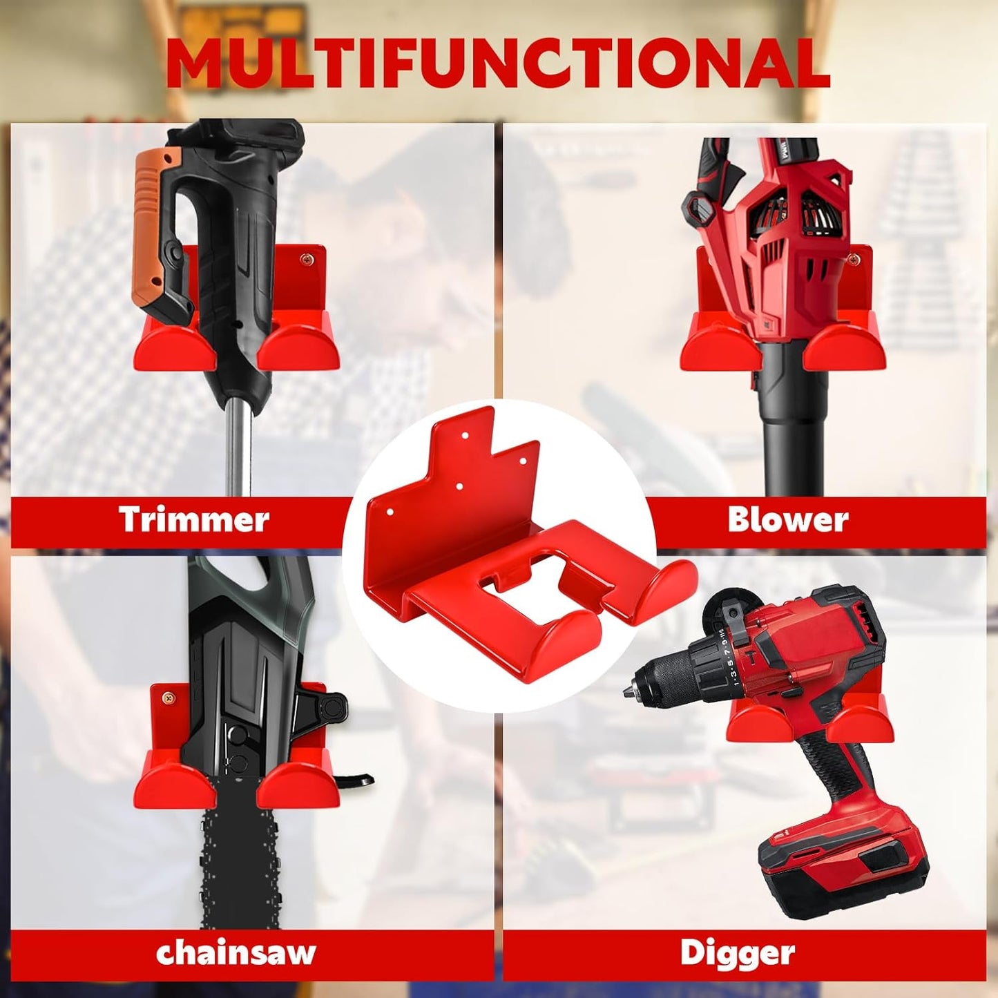 Garage Organization Weedeater Hanger Garage Organizer Trimmer Rack, Wall Mount Garden Tool Organizer Heavy Duty Tool Hangers for Hedge Trimmer, Chainsaw and Leaf Blower (1 Pack, Red)