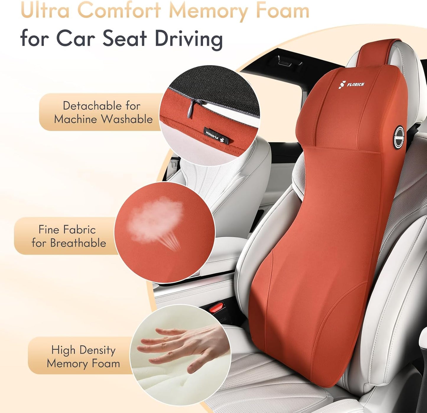 FLORICH 2-in-1 Lumbar Support with Headrest Pillow for Car Ergonomic Memory Foam Car Seat Back Cushion Integrated Lumbar Pillow with Car Neck Pillow for Driving Seat Relief Back Sciatica Pain, Red