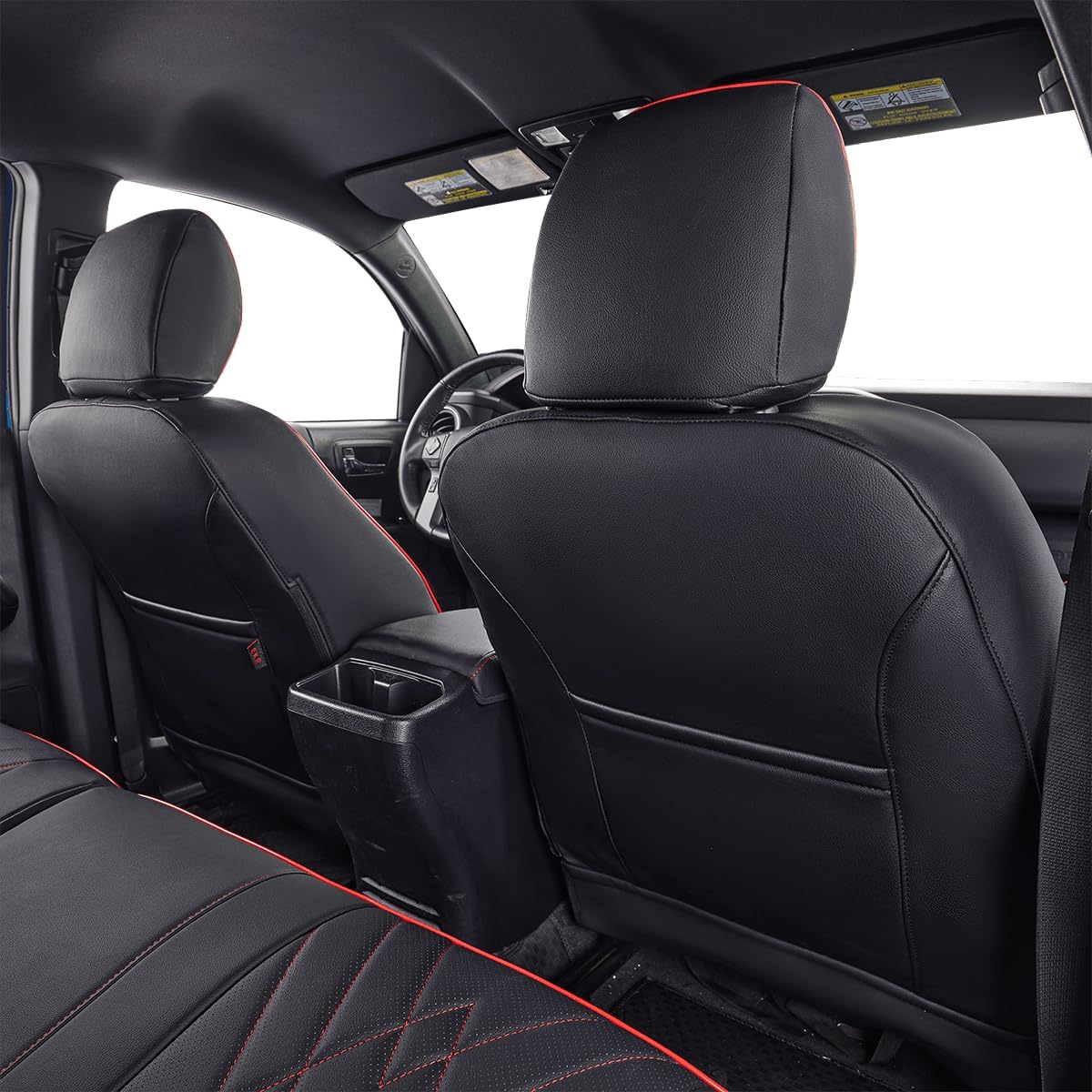 EKR Custom Fit Tacoma Car Seat Covers for Select Toyota Tacoma 2024 2025 Xtra Cab SR - Full Set,Leather(Black with Red Trim)