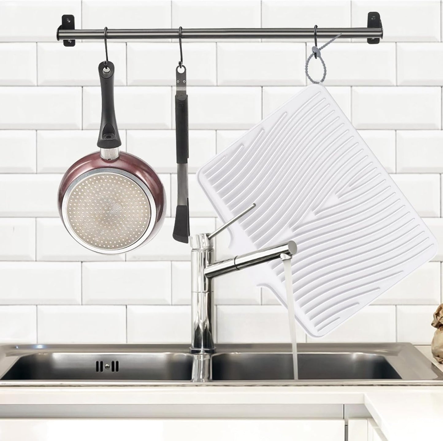 Dish Drying Mat,Stone Drying Mat for Kitchen Counter with Built-in Drain,Non-Slip Drying Matt Kitchen Counter, Heat Resistant Silicone Drying Mat, Dish Drying Pad, 2 Pcs(Ivory, 19.7"x17")