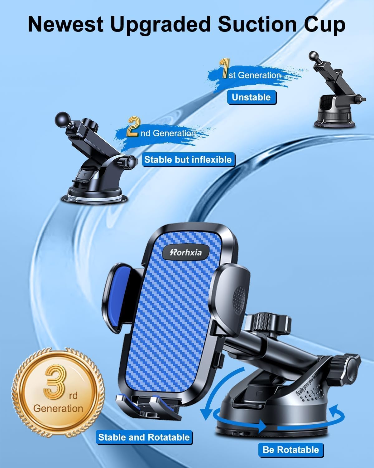 Blue 3-in-1 Phone Mount for Car [2025 Most Stable and Flexible Suction Cup] Vent Dashboard Windshield Cell Phone Holder Car Fit for iPhone, Samsung, All Phone