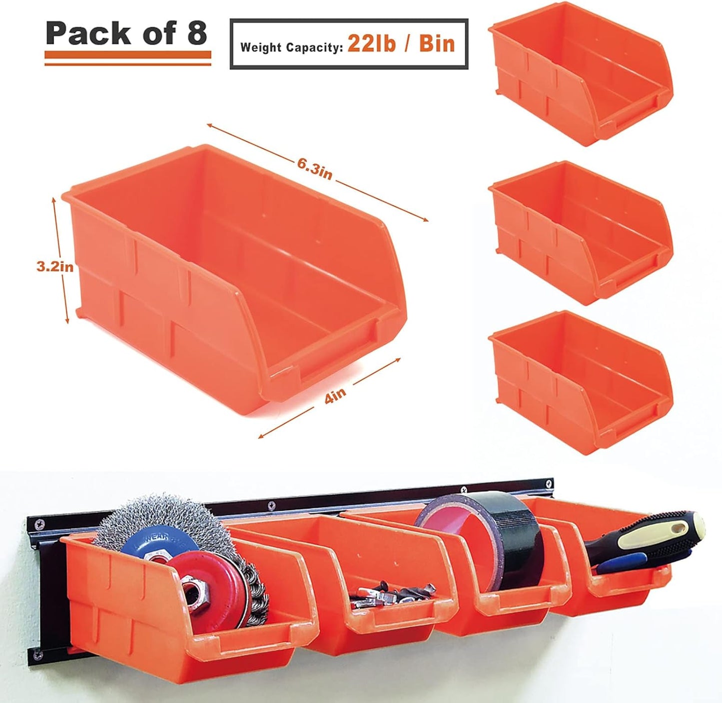 Wallmaster 8-Bin Storage Bins Garage Rack System 2-Tier Orange Tool Organizers Cube Baskets Wall Mount Organizations (Orange)