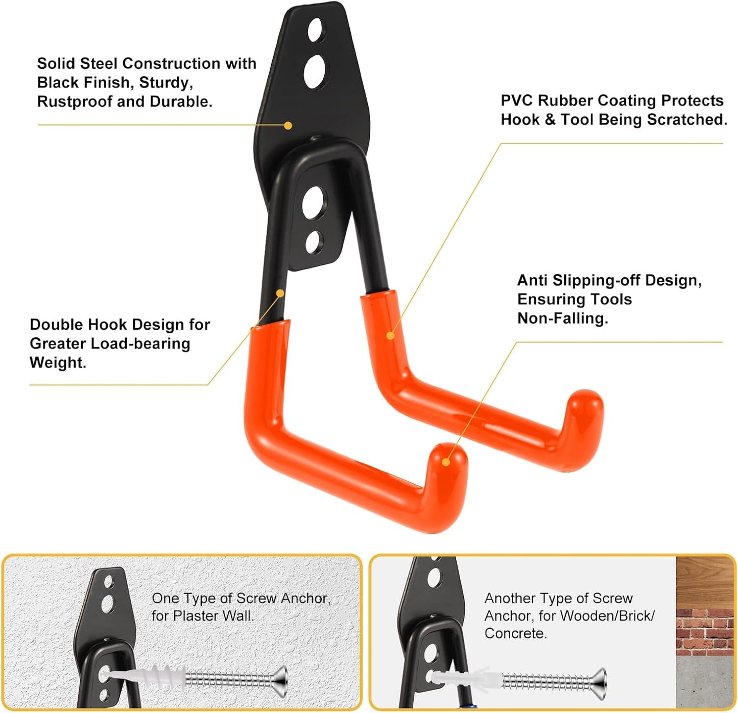 Steel Garage Hooks Wall Tool Organizer, 10 Pack Garage Storage Hook Heavy Duty Utility Storage Hangers Orange for Ladders, Ropes, Garden Tools